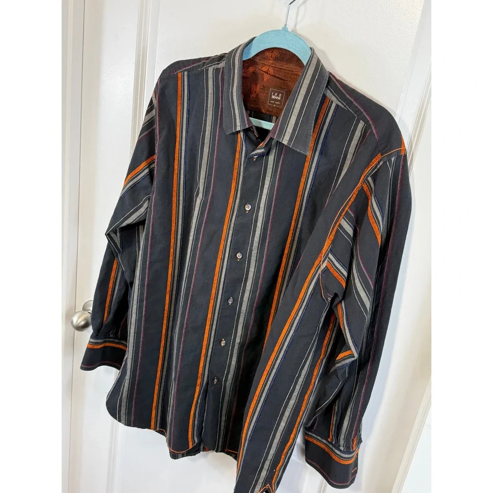 Ike Behar Men's‎ XL Western Button Down Shirt Gray Orange Striped Cowboy Ranch